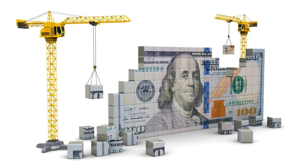 3d illustration of two cranes building a 100 dollar bill