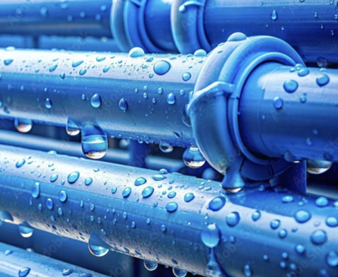 Close-up of blue pipes with large drops of water on them