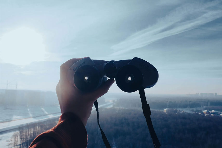 A person using binoculars to survey the landscape